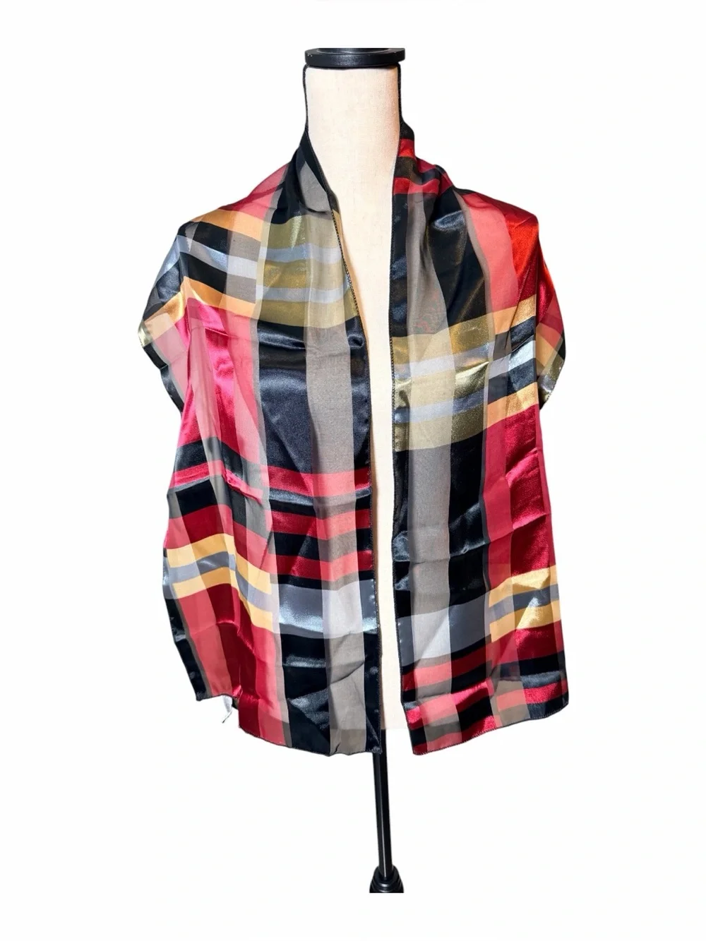 Bill Blass Vintage Geometric Colorblock Sheer Oblong Scarf Red Gold Black